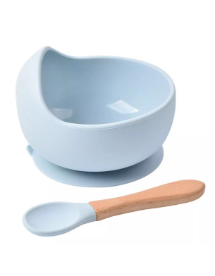 Toddler Feeding Tableware Food Grade Silicone Suction Bowl with Wooden Handle Spoon Blue