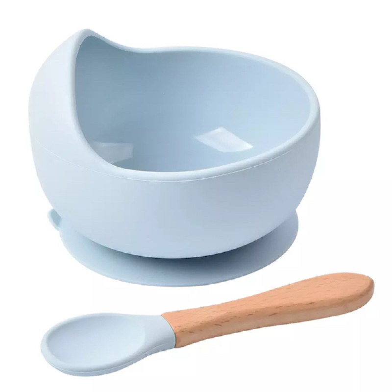 Toddler Feeding Tableware Food Grade Silicone Suction Bowl with Wooden Handle Spoon Blue