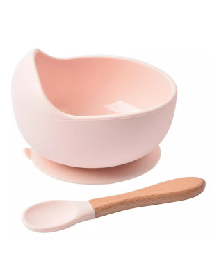 Toddler Feeding Tableware Food Grade Silicone Suction Bowl with Wooden Handle Spoon Pink