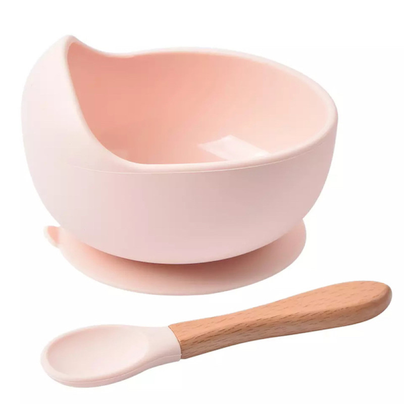 Toddler Feeding Tableware Food Grade Silicone Suction Bowl with Wooden Handle Spoon Pink
