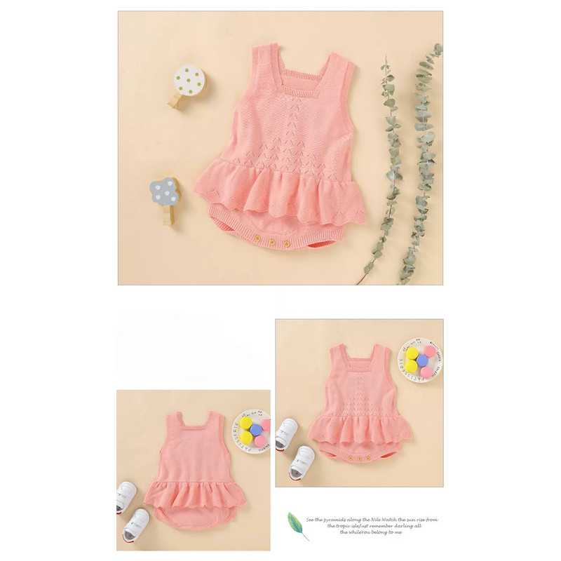 Crochet Plain Sleeveless Summer Baby Girl Romper Dress-PINK 