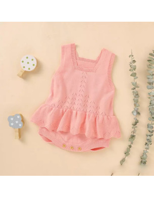 Crochet 3M-18M Plain Sleeveless Summer Baby Girl Romper Dress-PINK 
