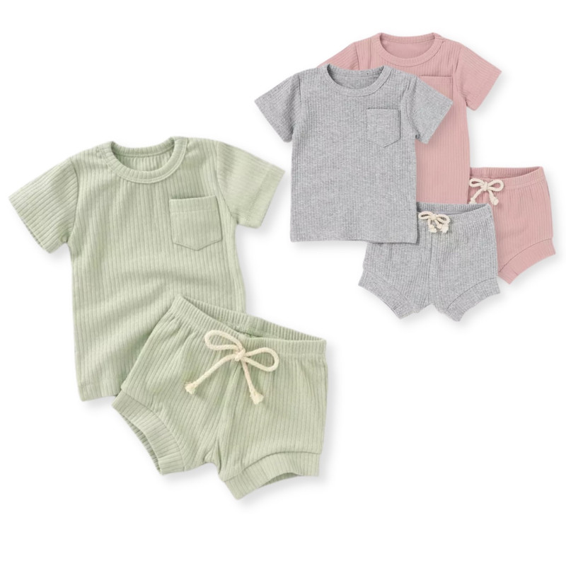 Summer Organic Cotton Ribbed Set Pajamas Shirt Shorts Toddlers 2T-4T