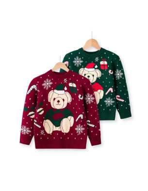 2Y-6Y Teddy Bear Print Sweater Winter Crew Neck Knit Top