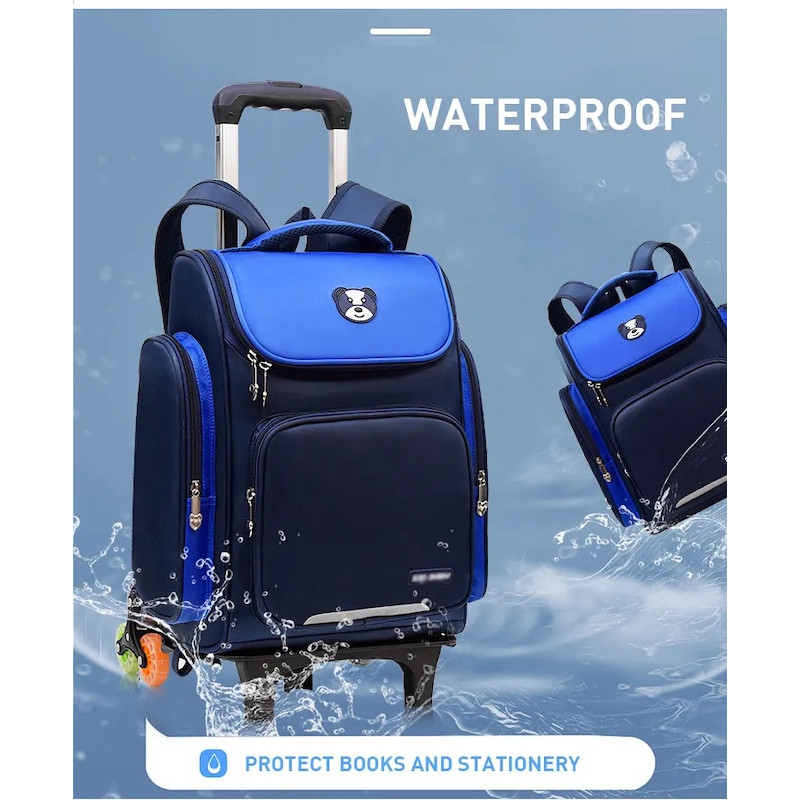 Waterproof 6 Wheel Trolley Backpack Adjustable Handle School Bag Blue