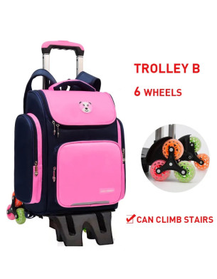 Waterproof 6 Wheel Trolley Backpack Adjustable Handle School Bag Pink