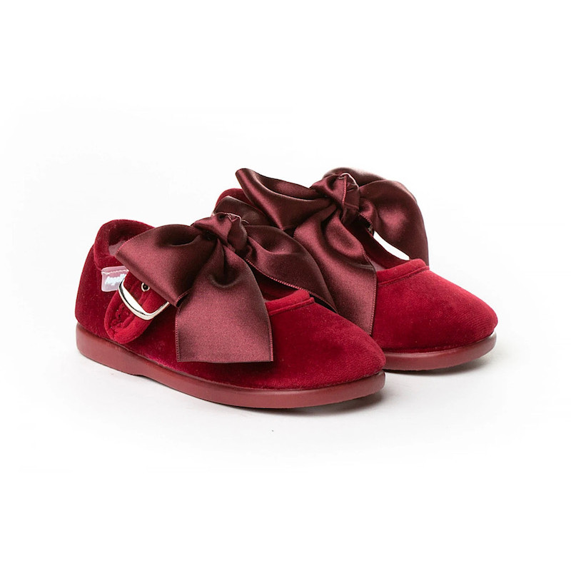 Made in Spain EU23-27 baby girl velvet Shoes with Satin Ribbon Non Slip Rubber Bordeaux  