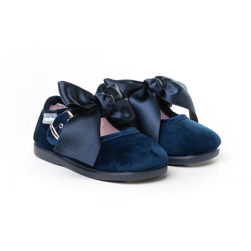 Made in Spain EU23-27 baby girl velvet Shoes with Satin Ribbon Non Slip Rubber Marino  
