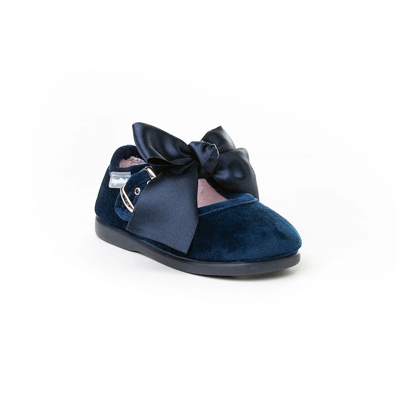 Made in Spain EU23-27 baby girl velvet Shoes with Satin Ribbon Non Slip Rubber Marino  