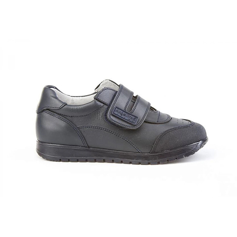 Made in Spain EU23-EU35 School Sports shoes reinforced PVC Toe Napa Leather Single Strap velcro sneakers Non Slip Rubber Black 