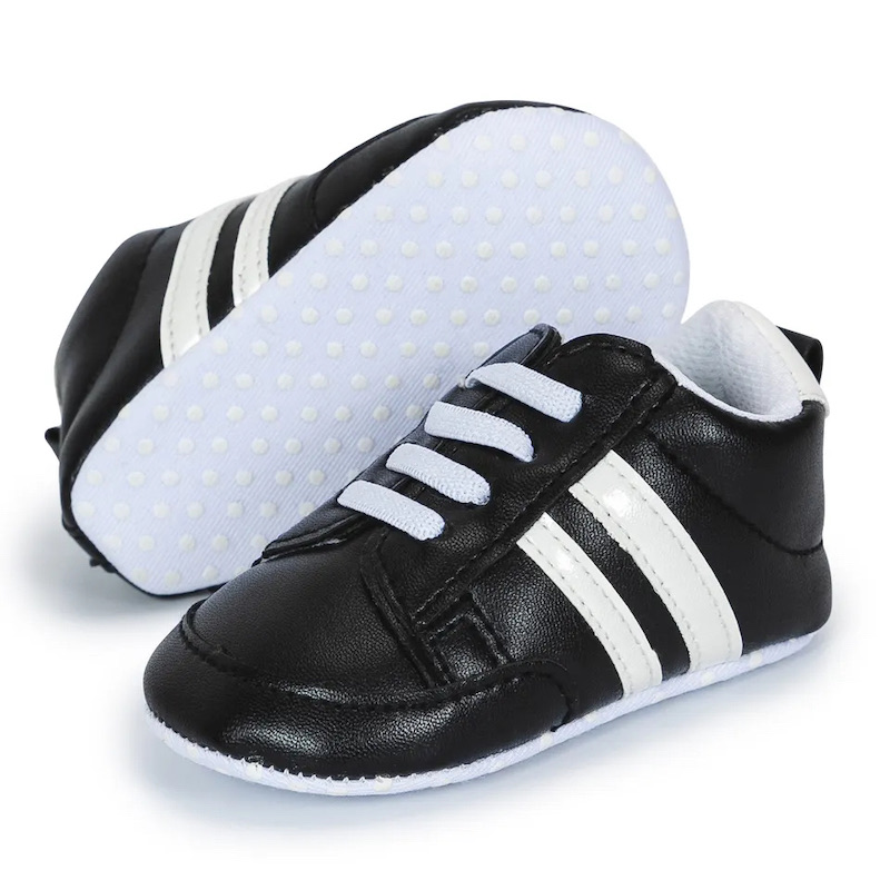 Indoor stripe 6M-18M design PU leather breathable non slip fabric bottom baby sneaker Black 