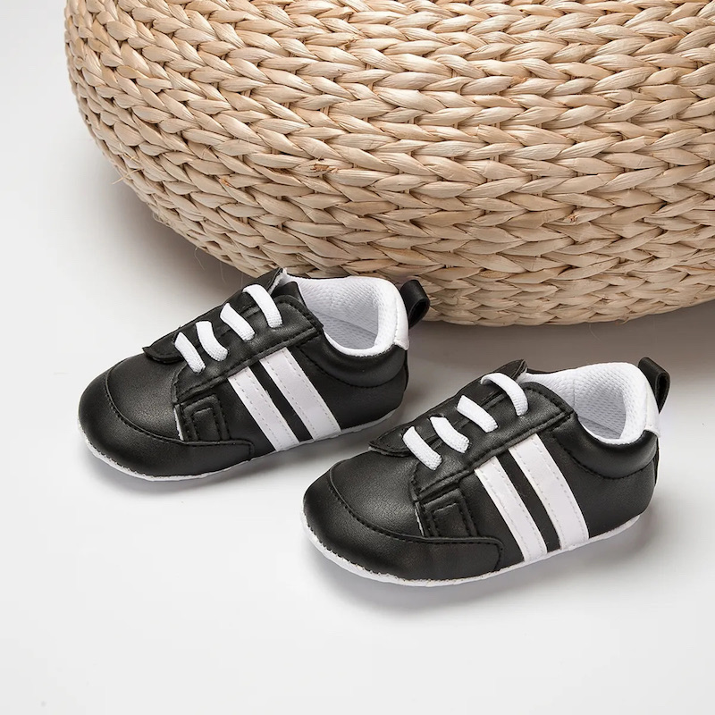 Indoor stripe 6M-18M design PU leather breathable non slip fabric bottom baby sneaker Black 
