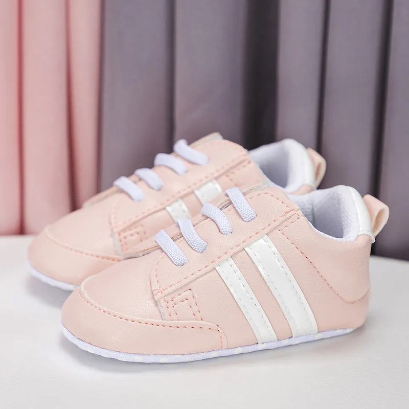 Indoor stripe 6M-18M design PU leather breathable non slip fabric bottom baby sneaker Pink 