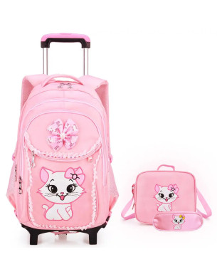 Children Large-capacity Trolley Schoolbag Pink Cat Design 