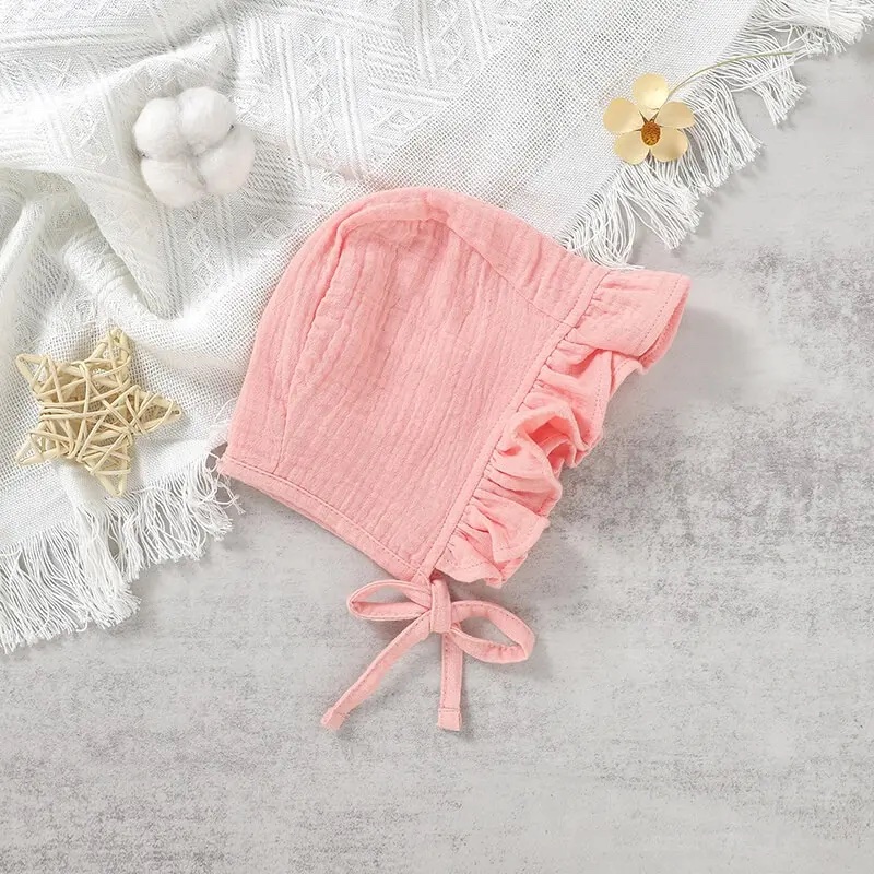 Organic Cotton Vintage Muslin Baby Bonnet white pink 