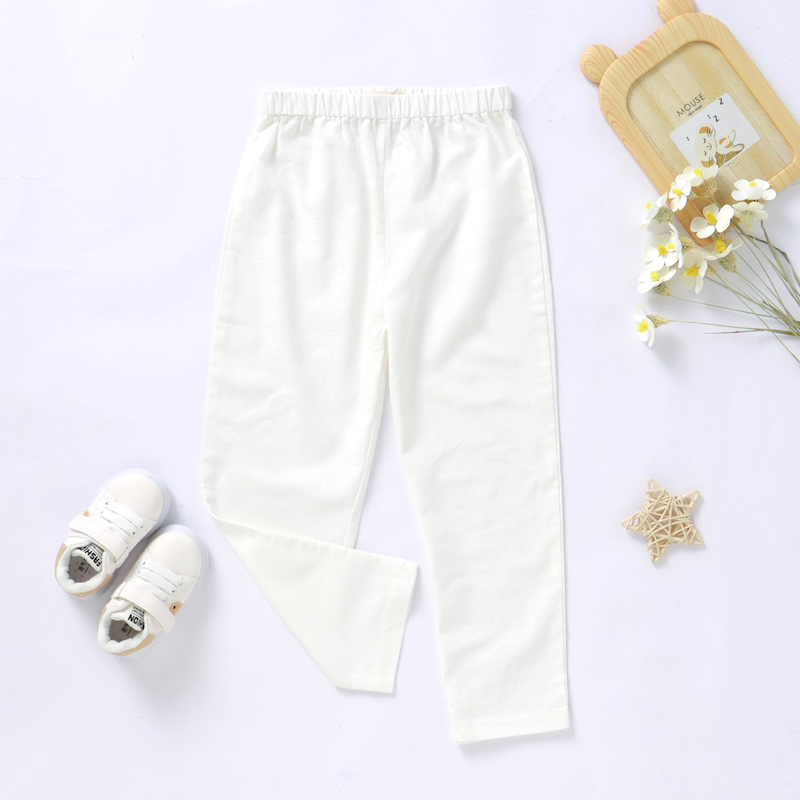 Soft 12M-5Y Linen Organic Cotton Long Pants Summer Spring White 