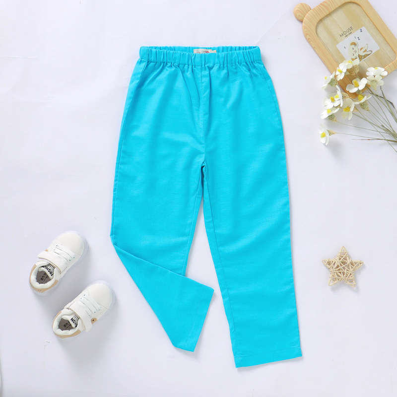 Soft 12M-5Y Linen Organic Cotton Long Pants Summer Spring Sky Blue color 