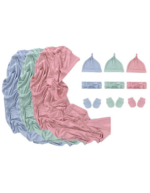 Newborn 0-6M, Gift Set Soft Rayon Swaddle Blanket, Cap, Mittens, Headband
