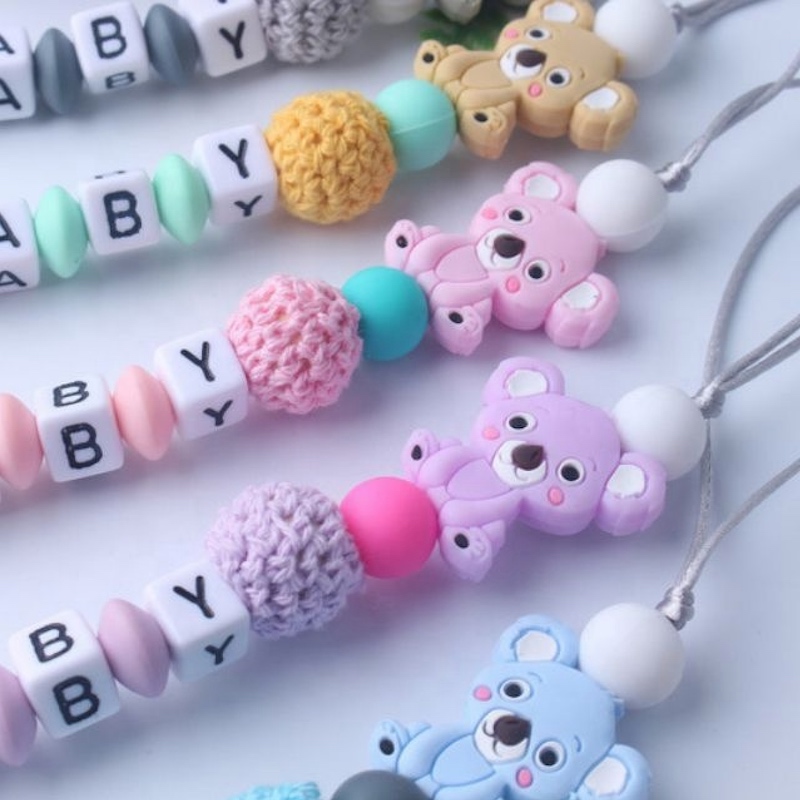 Set of 2 Silicone Baby Pacifier Clips Koala Holder for Baby Teething Soother Chew Toy Pink , Mint Green