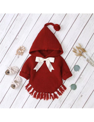 Winter Long Sleeve Knitted Fringed Hem Hooded Baby Sweater - RED 