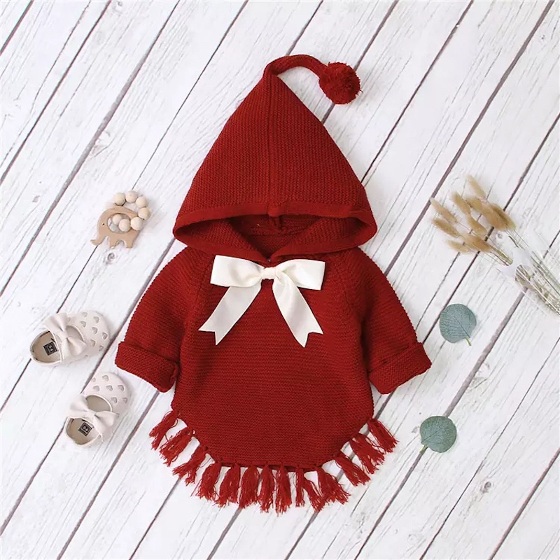 Winter Long Sleeve Knitted Fringed Hem Hooded Baby Sweater - RED 