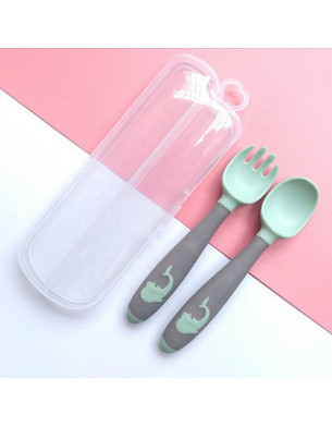 Baby Twist Spoon Fork Set with Travel Case - Easy Grip Bendable Toddler Training Set (Mint Green) 