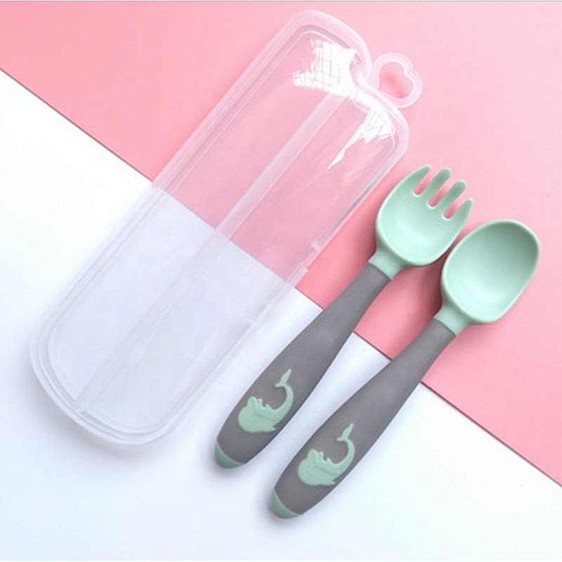 Baby Twist Spoon Fork Set with Travel Case Easy Grip Bendable Toddler Training Set Mint Green