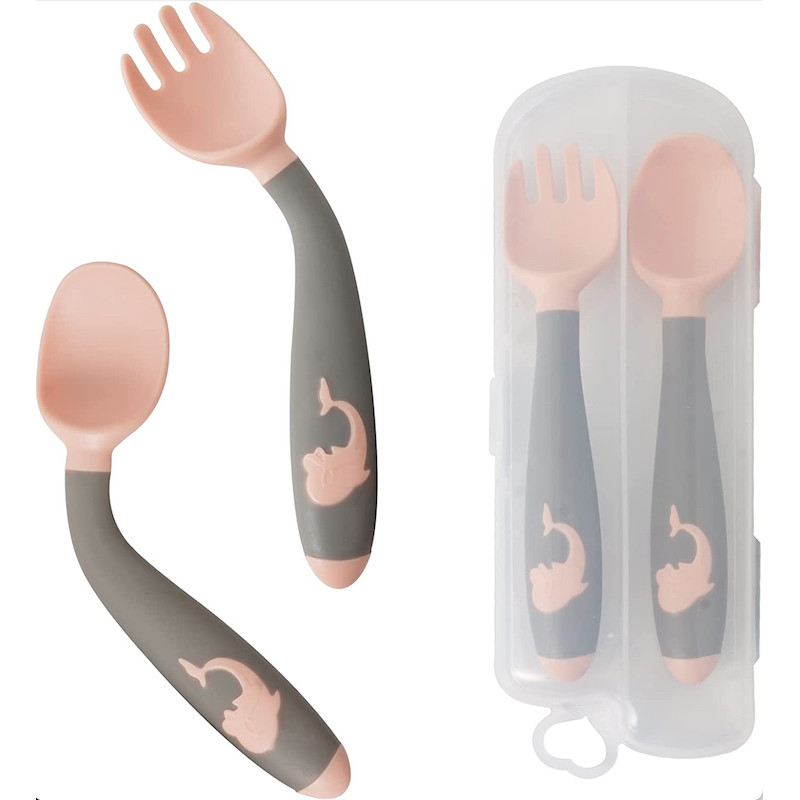 Baby Twist Spoon Fork Set with Travel Case - Easy Grip Bendable Toddler Training Set (Pink) 